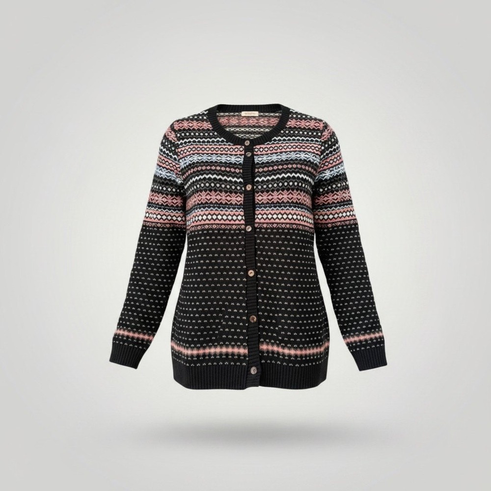 Skovhuus Fair Isle Cardigan Women XL Black Pink Button Knit Sweater Nordic Hygge